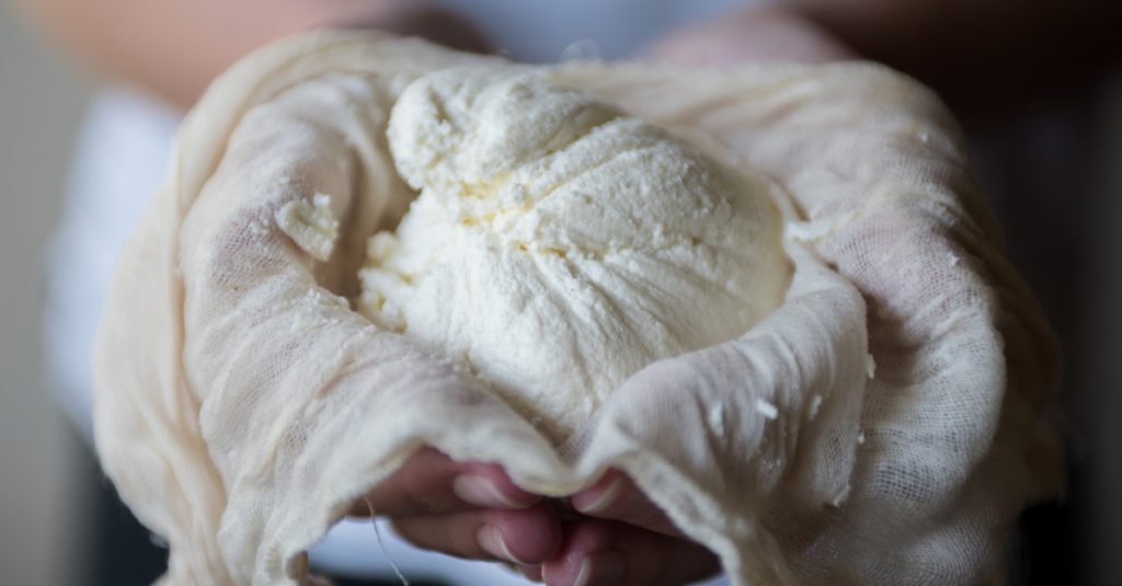 Woman holding freshly made Ricotta cheese.
