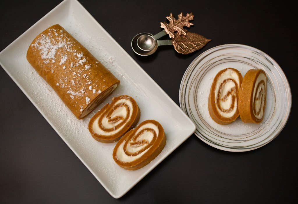 pumpkin cake roll thanksgiving dessert shot from above