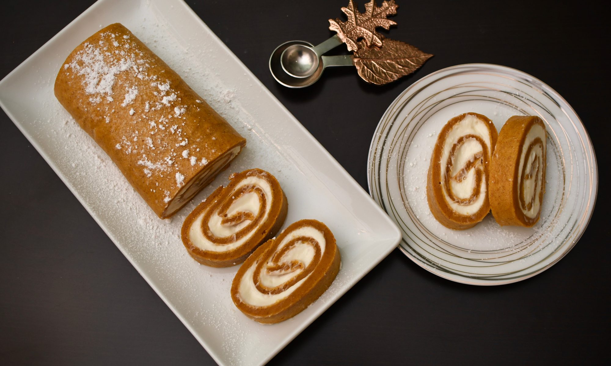 pumpkin cake roll thanksgiving dessert shot from above